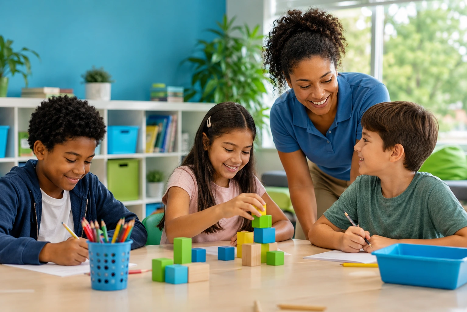 Three diverse school-age children smile while drawing and stacking blocks at a table as a friendly caregiver supervises nearby in a bright, modern childcare room with blue and green accents.