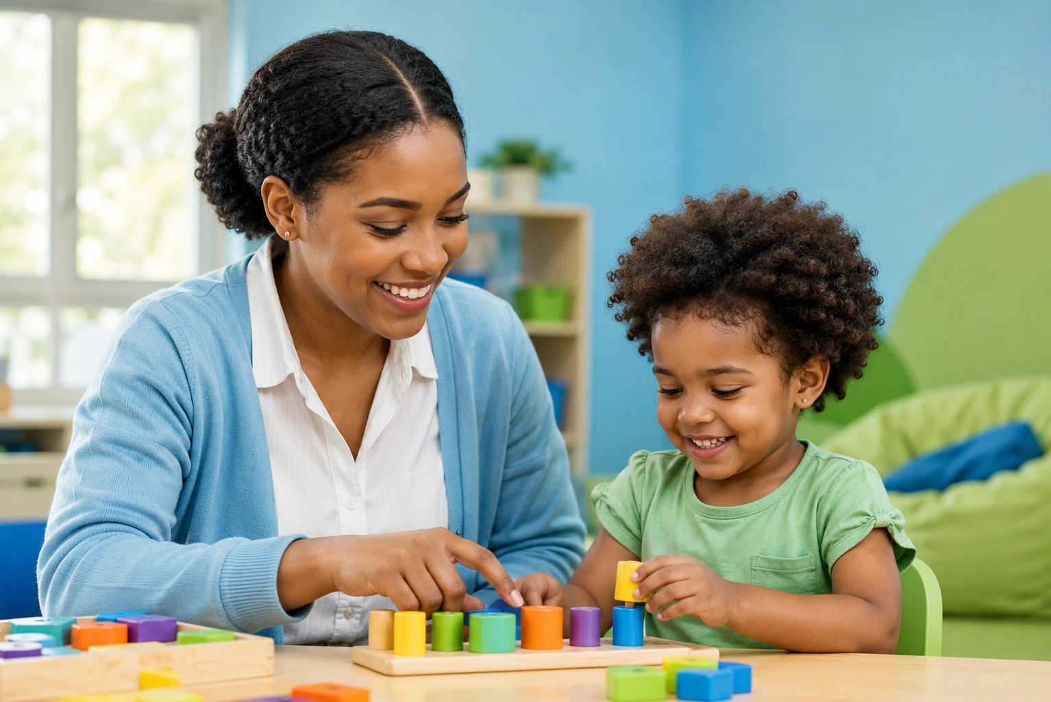 Childcare provider smiling as she guides a young child through a colorful hands-on learning activity in a bright classroom.