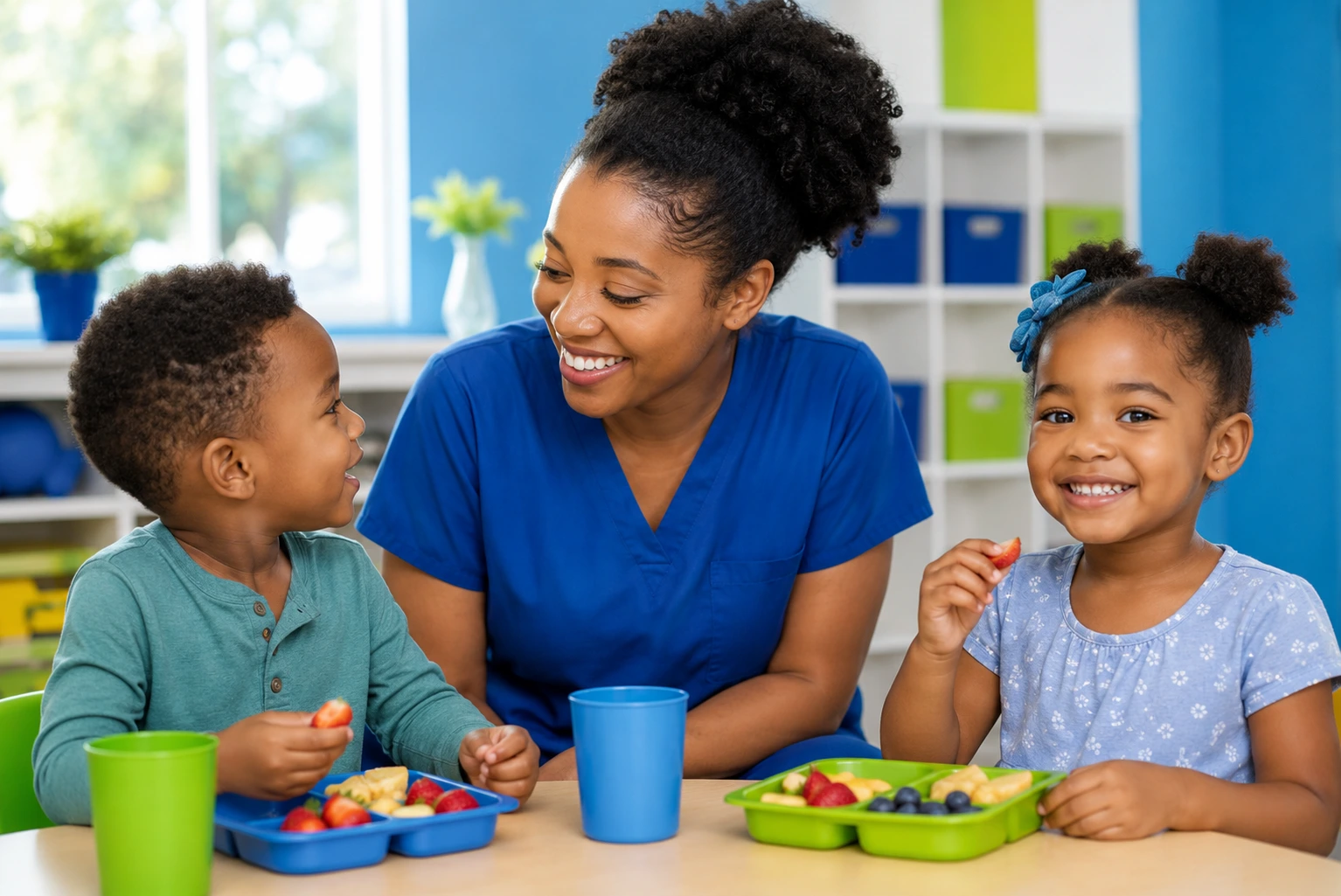 Children enjoying a supervised snack and learning routine at childcare