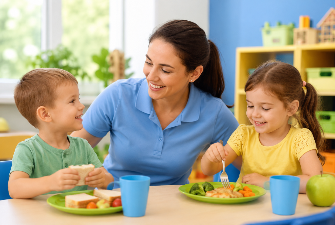 Smiling childcare provider assisting two children during lunch in a bright classroom.