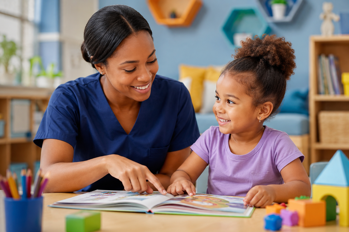 Smiling childcare teacher reading with a young child in a bright classroom.